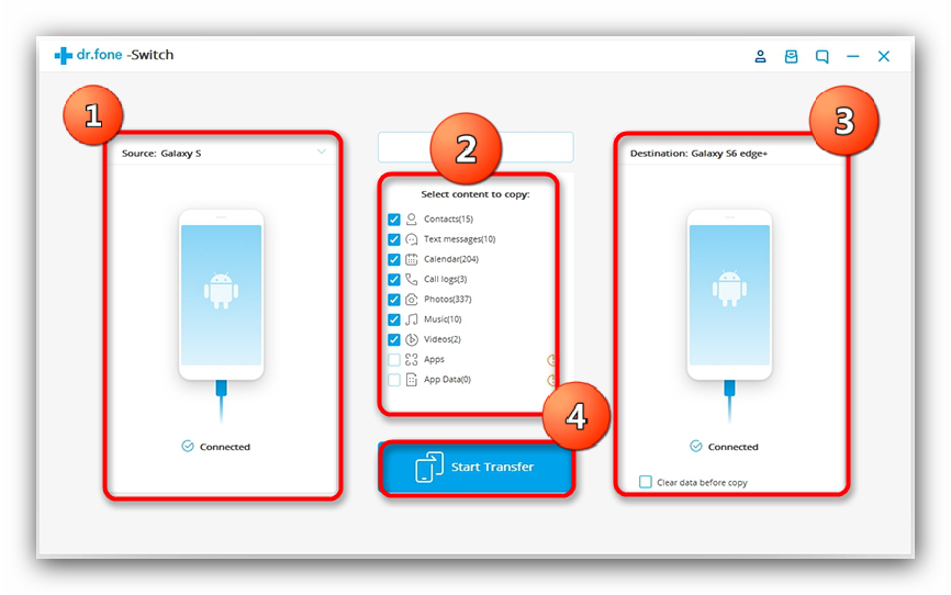 Описание домашнего экрана и алгоритм процедуры перехода на dr.fone Switch